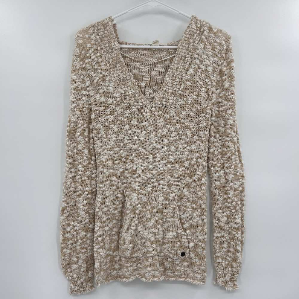 Roxy Womens Y2K Loose Knit‎ Hooded Sweater Size M Beige Summer Beach Surf Comfy